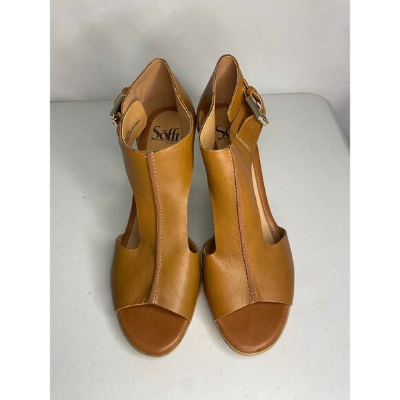Sofft Dabney Brown Leather Open Toe Pumps Heels Womens Sandal Wooden Size 8.5 - Picture 3 of 12